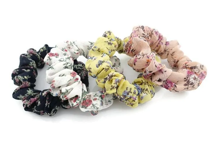 A Pack of 4 Chiffon Floral Mini scrunchies Ponytail Holder elastic hair scrunchy  for Women