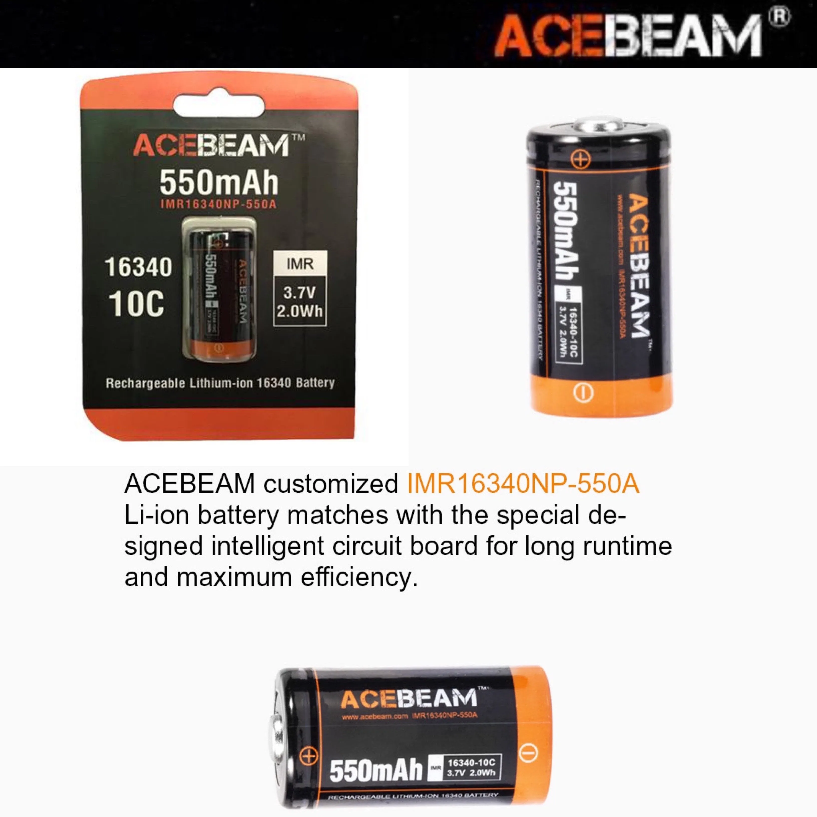ACEBEAM IMR16340NP 550mAh 3.7V 5.5A 2.0Wh High-drain Rechargeable Li-ion Battery