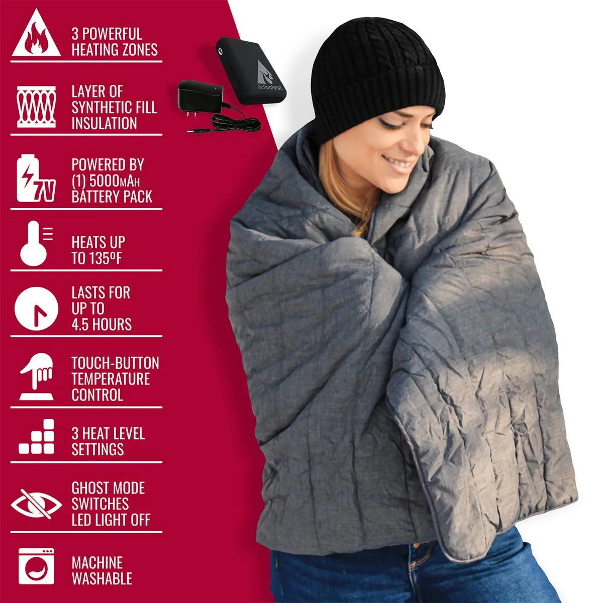 ActionHeat 7V Battery Heated Throw Blanket