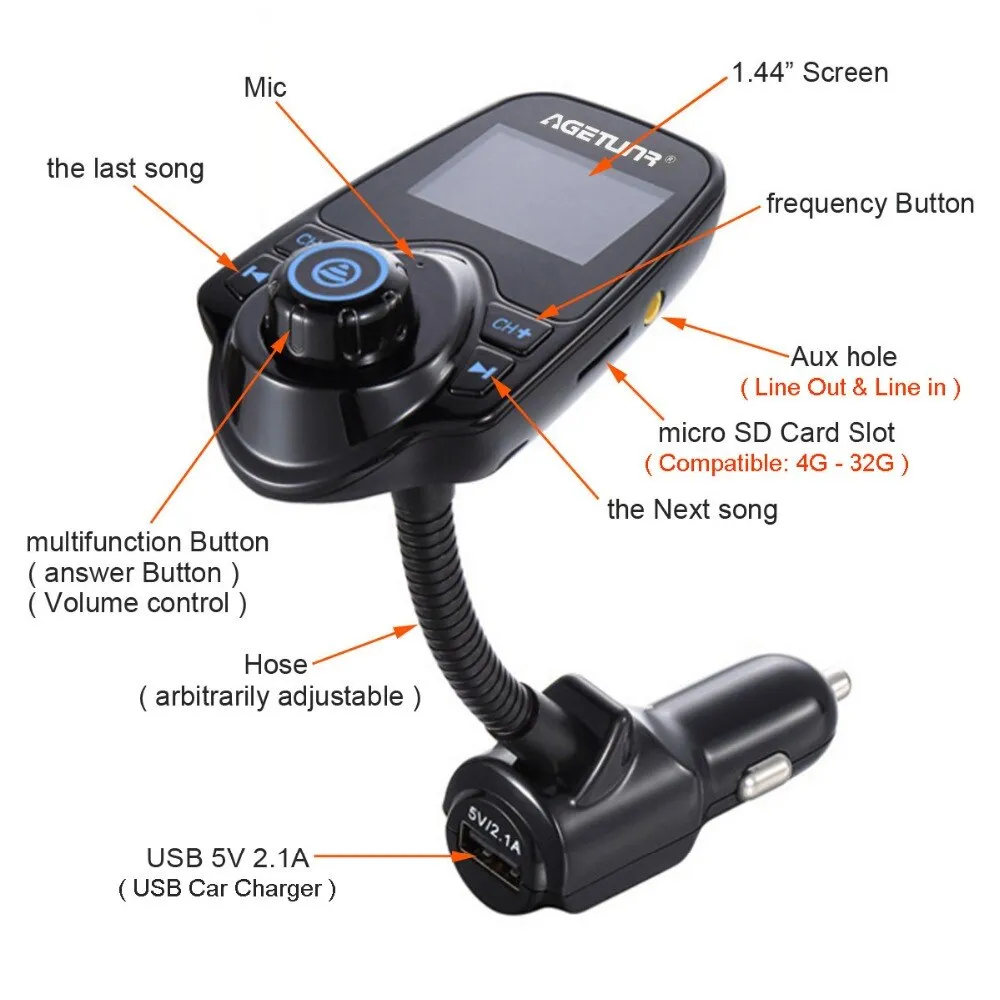 AGETUNR Bluetooth Car Kit Handsfree Set FM Transmitter MP3 Music Player 5V 2.1A USB Car Charger Support Micro SD Card 4G-32G