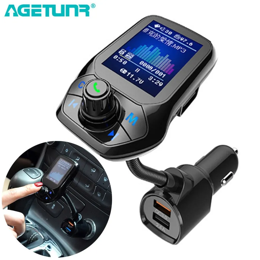 AGETUNR T43 1.8" TFT Color Display Bluetooth Car Kit Handsfree Set 3 USB Port QC3.0 Quick Charge FM Transmitter MP3 Music Player