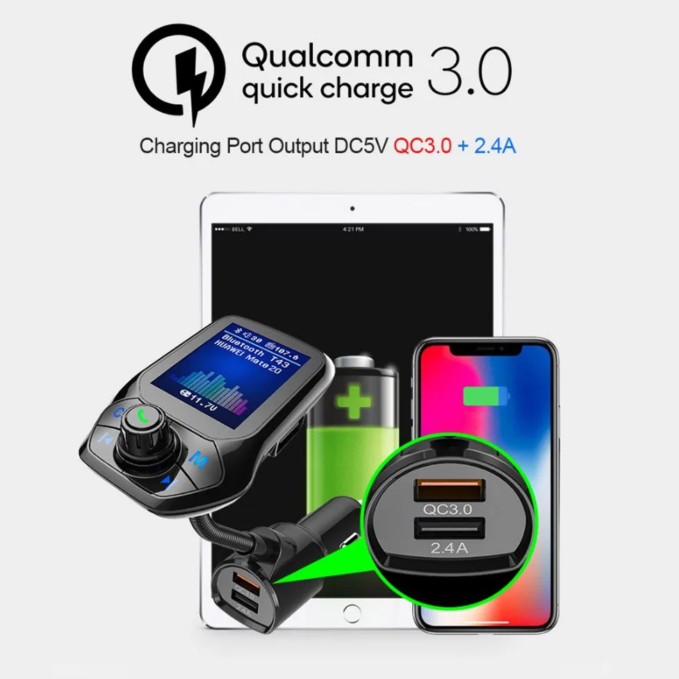 AGETUNR T43 1.8" TFT Color Display Bluetooth Car Kit Handsfree Set 3 USB Port QC3.0 Quick Charge FM Transmitter MP3 Music Player