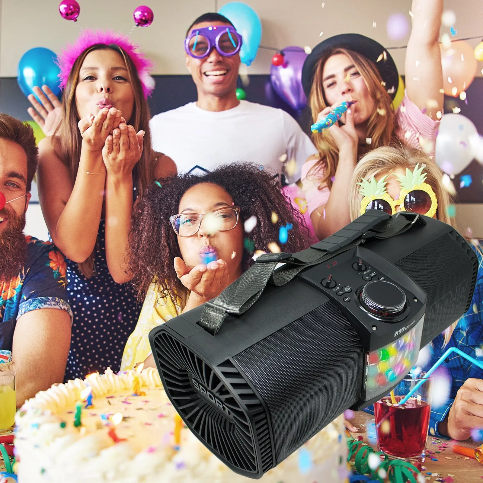 EMB Rechargeable Portable Boombox Street Disco Stereo Speaker 300 Watts - MP3/ Remote/Light - Work with Bluetooth