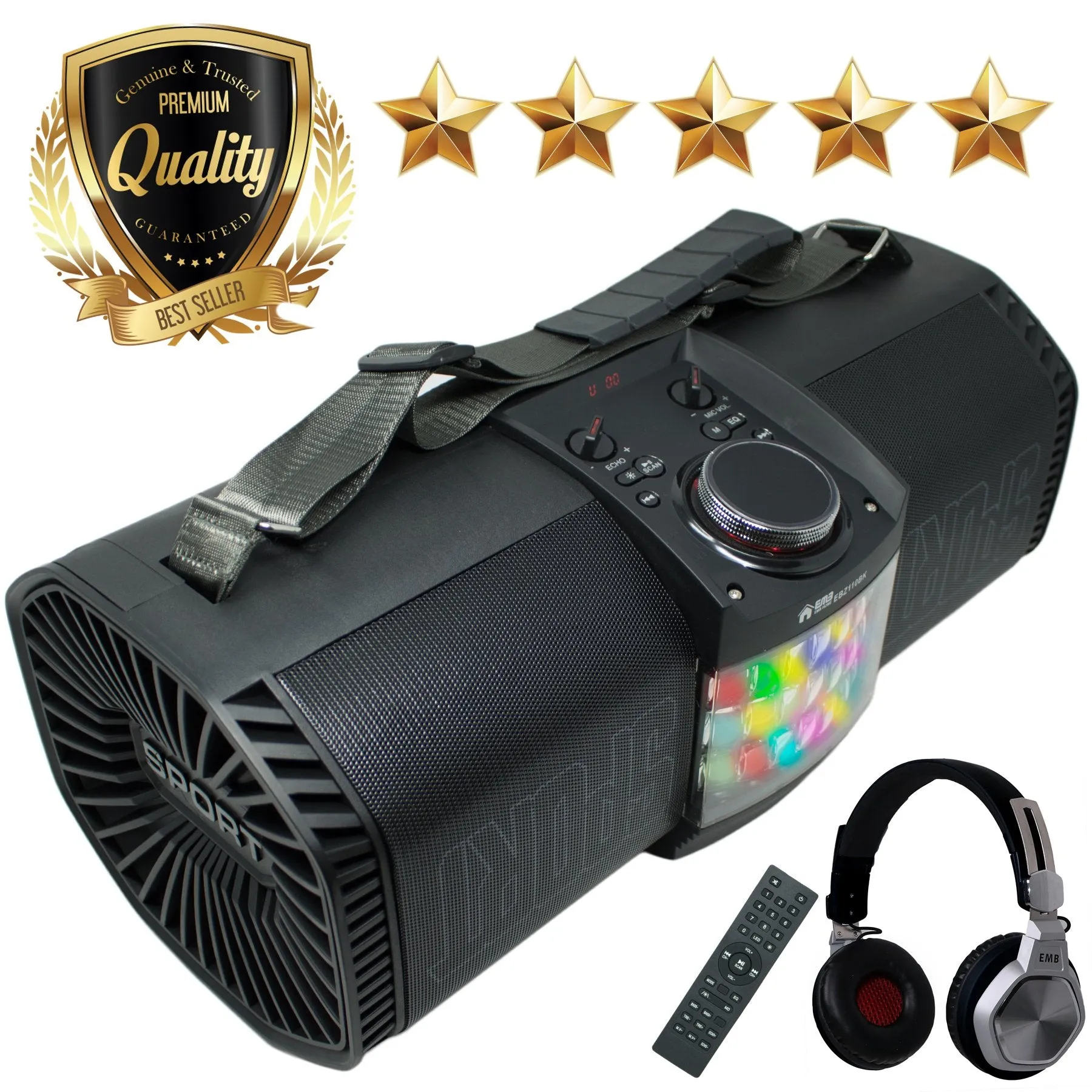 EMB Rechargeable Portable Boombox Street Disco Stereo Speaker 300 Watts - MP3/ Remote/Light - Work with Bluetooth