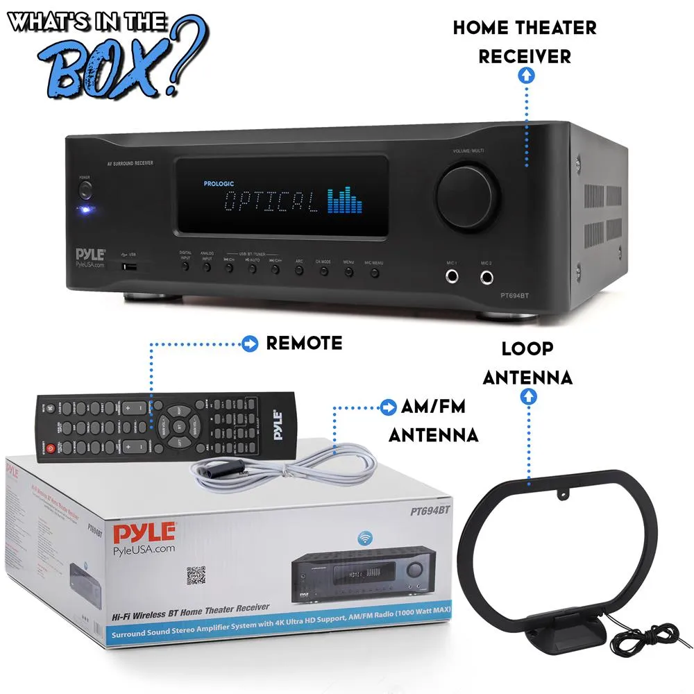 Hi-Fi Bluetooth Home Theater Receiver - 5.2-Ch Surround Sound Stereo Amplifier System With 4K Ultra Hd Support, Mp3/Usb/Am/Fm Radio (1000 Watt Max)