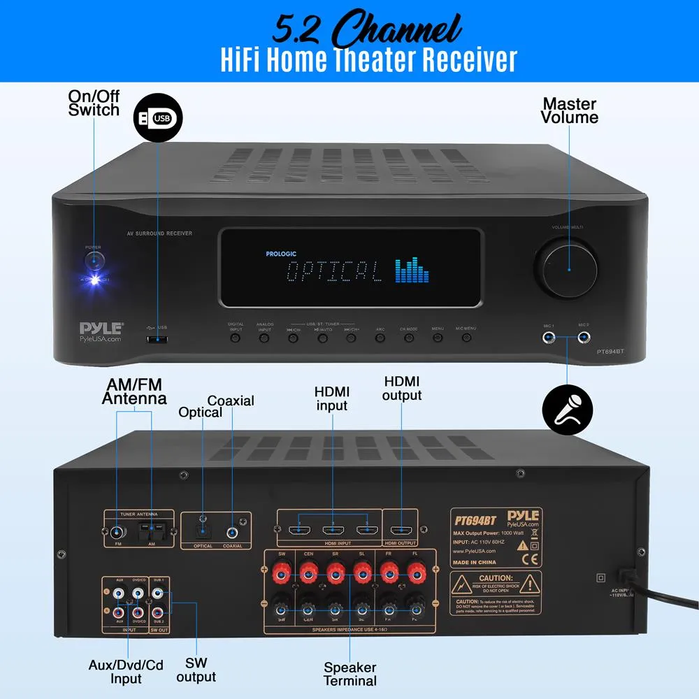 Hi-Fi Bluetooth Home Theater Receiver - 5.2-Ch Surround Sound Stereo Amplifier System With 4K Ultra Hd Support, Mp3/Usb/Am/Fm Radio (1000 Watt Max)