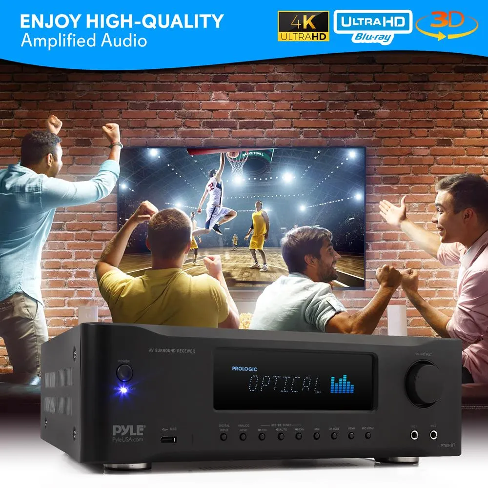 Hi-Fi Bluetooth Home Theater Receiver - 5.2-Ch Surround Sound Stereo Amplifier System With 4K Ultra Hd Support, Mp3/Usb/Am/Fm Radio (1000 Watt Max)
