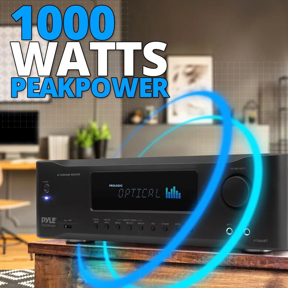 Hi-Fi Bluetooth Home Theater Receiver - 5.2-Ch Surround Sound Stereo Amplifier System With 4K Ultra Hd Support, Mp3/Usb/Am/Fm Radio (1000 Watt Max)