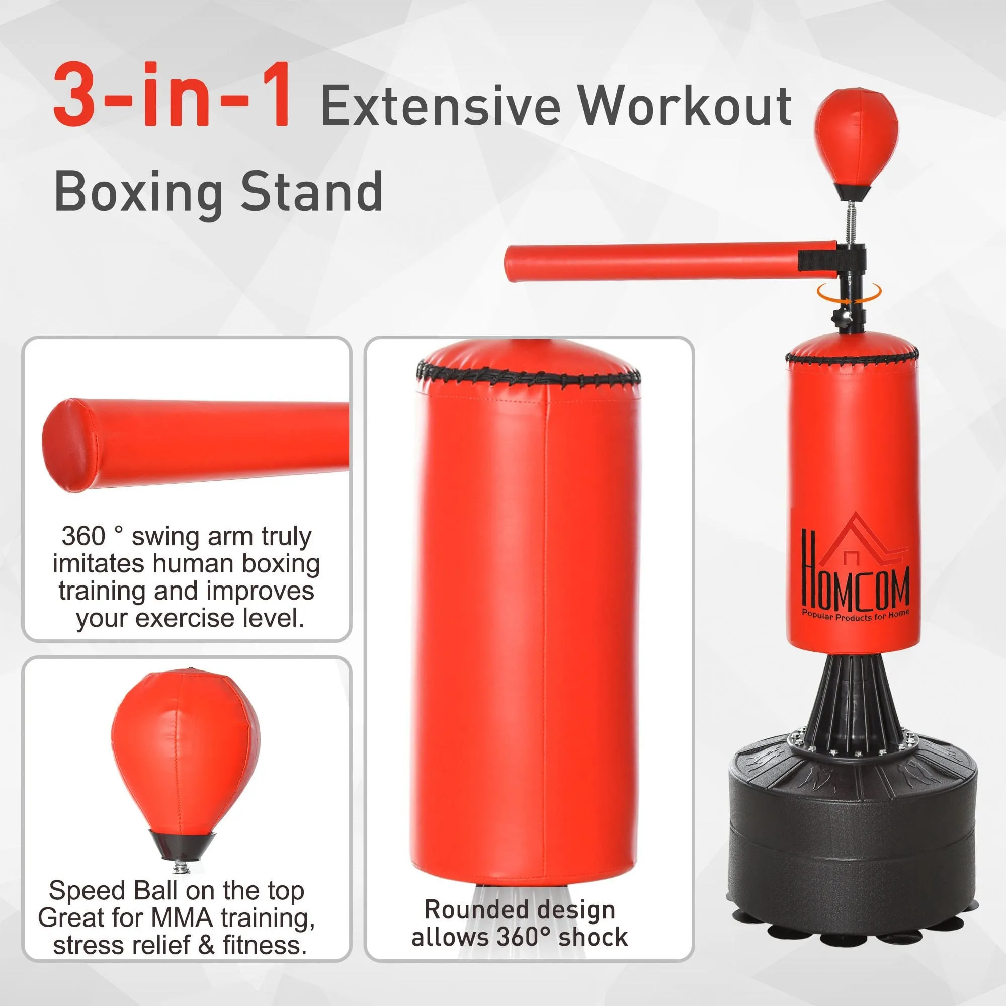 HOMCOM 155-205cm 3-IN-1 Freestanding Boxing Punch Bag Stand with Rotating Flexible Arm, Speed Ball, Water able Base