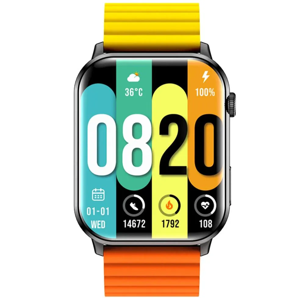 Kieslect Ks Smart Watch Black Metal Case With Orange x Yellow x Black Strap & Extra Black Strap