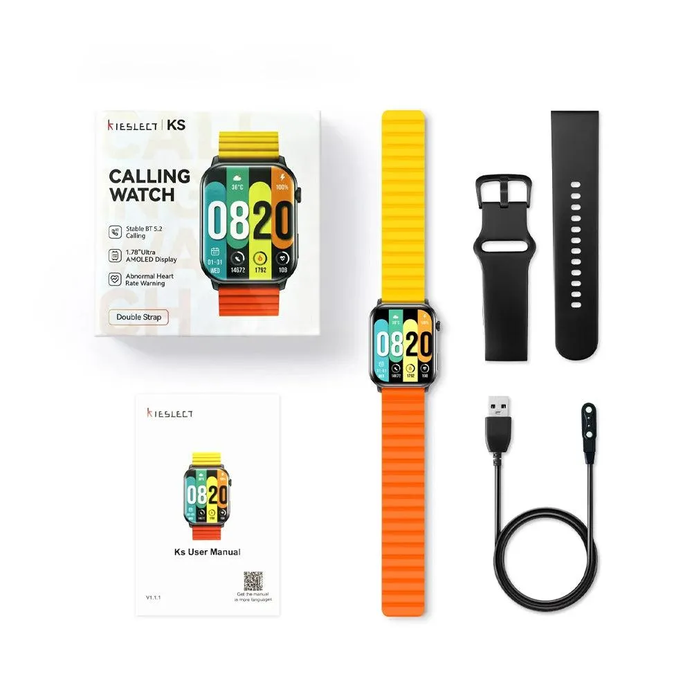Kieslect Ks Smart Watch Black Metal Case With Orange x Yellow x Black Strap & Extra Black Strap