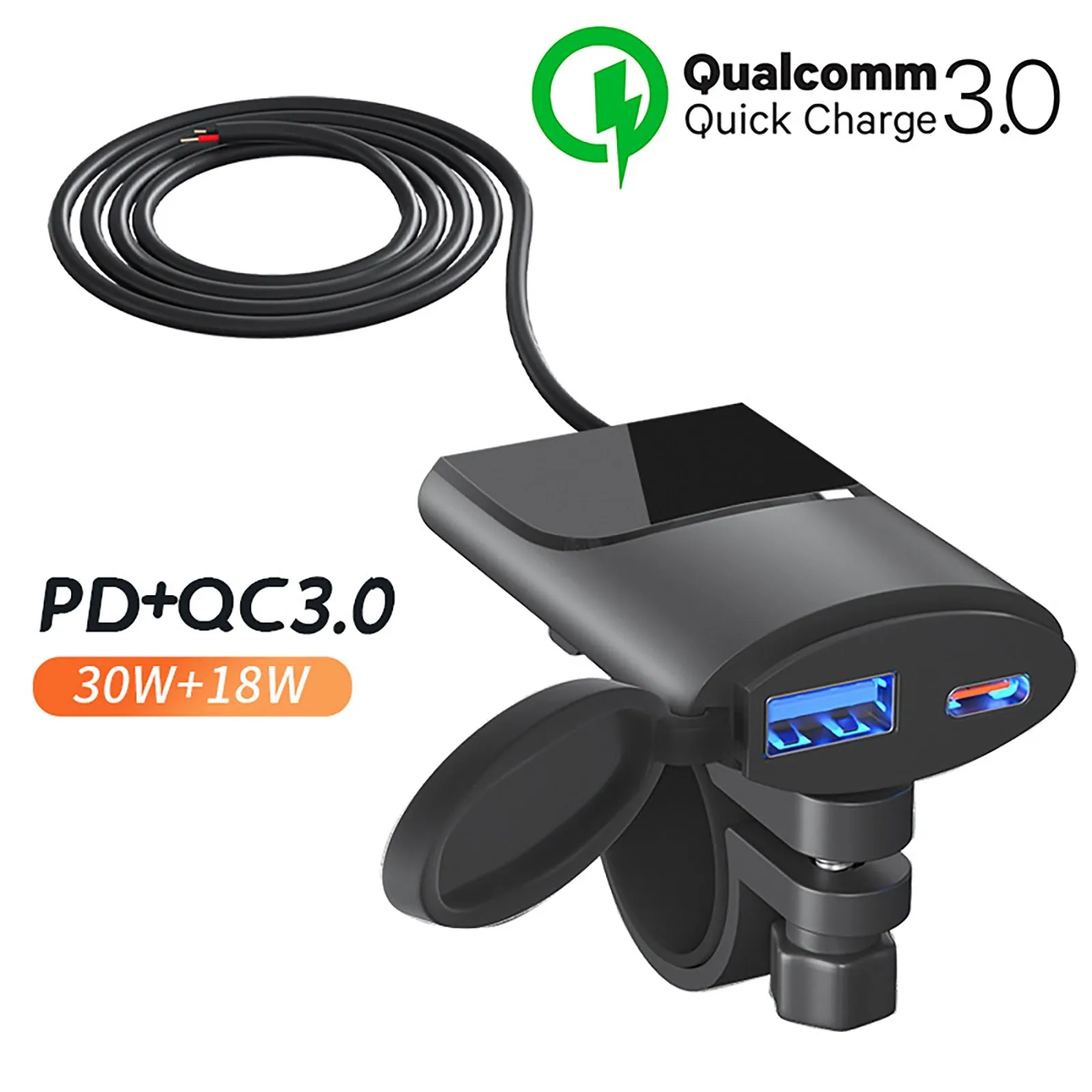 Motorcycle USB Phone Charger 30W USB-C PD 18W USB-A Dual Ports