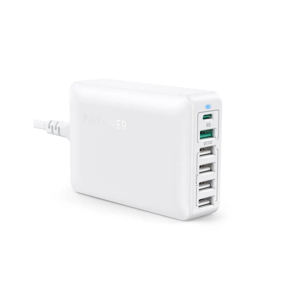 RAVPower 60W 6-Port Desktop USB Charging Station with 30W Power Delivery