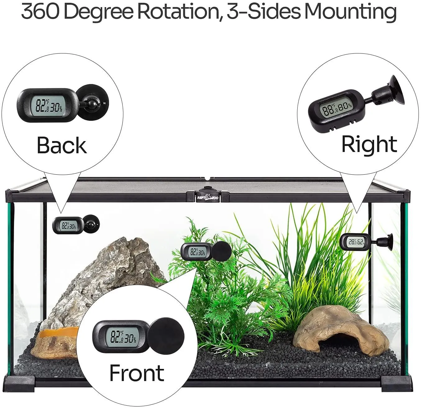 REPTI ZOO Reptile Terrarium Thermometer Hygrometer Digital Display 2PCS 360 Degree Rotation with Suction Cup, 3-Sides Mounting