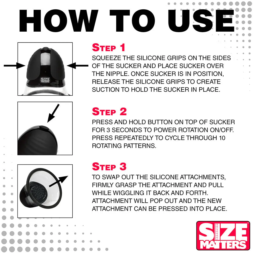 Size Matters 10X Rotating Silicone Nipple Suckers with 4 Attachments Black