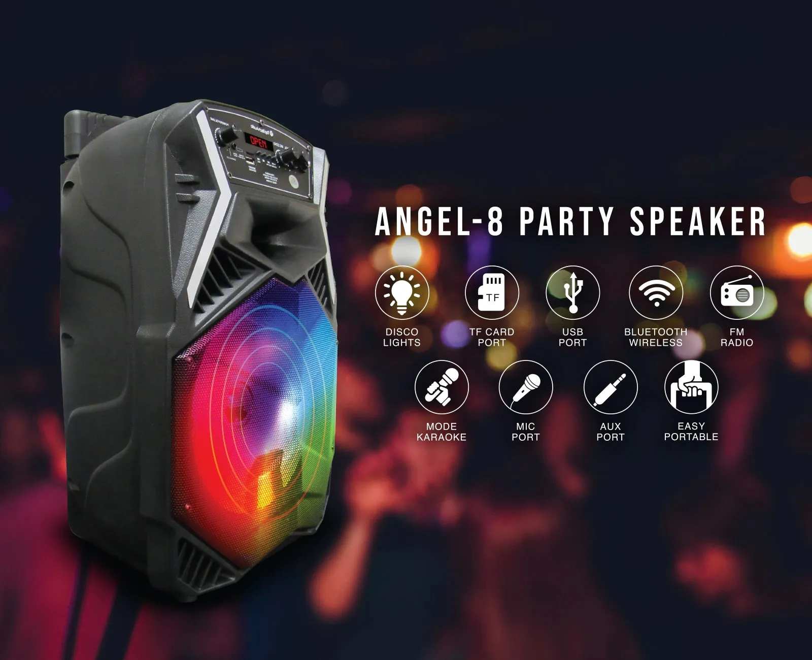 TOPTECH Angel-8 Bluetooth Portable Speaker with 3000W Power, LED Lights, Mic, and Wheels