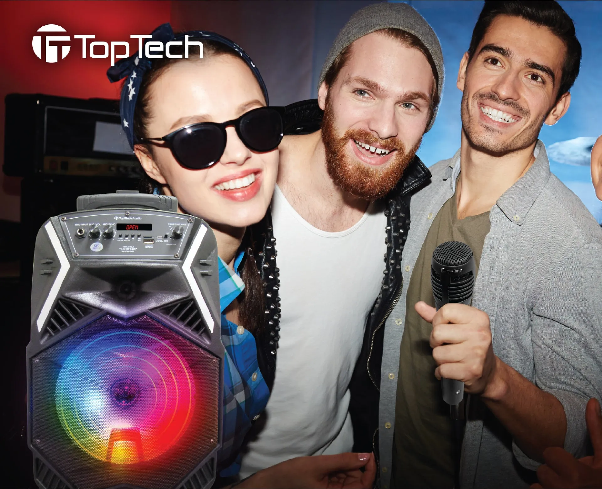TOPTECH Angel-8 Bluetooth Portable Speaker with 3000W Power, LED Lights, Mic, and Wheels