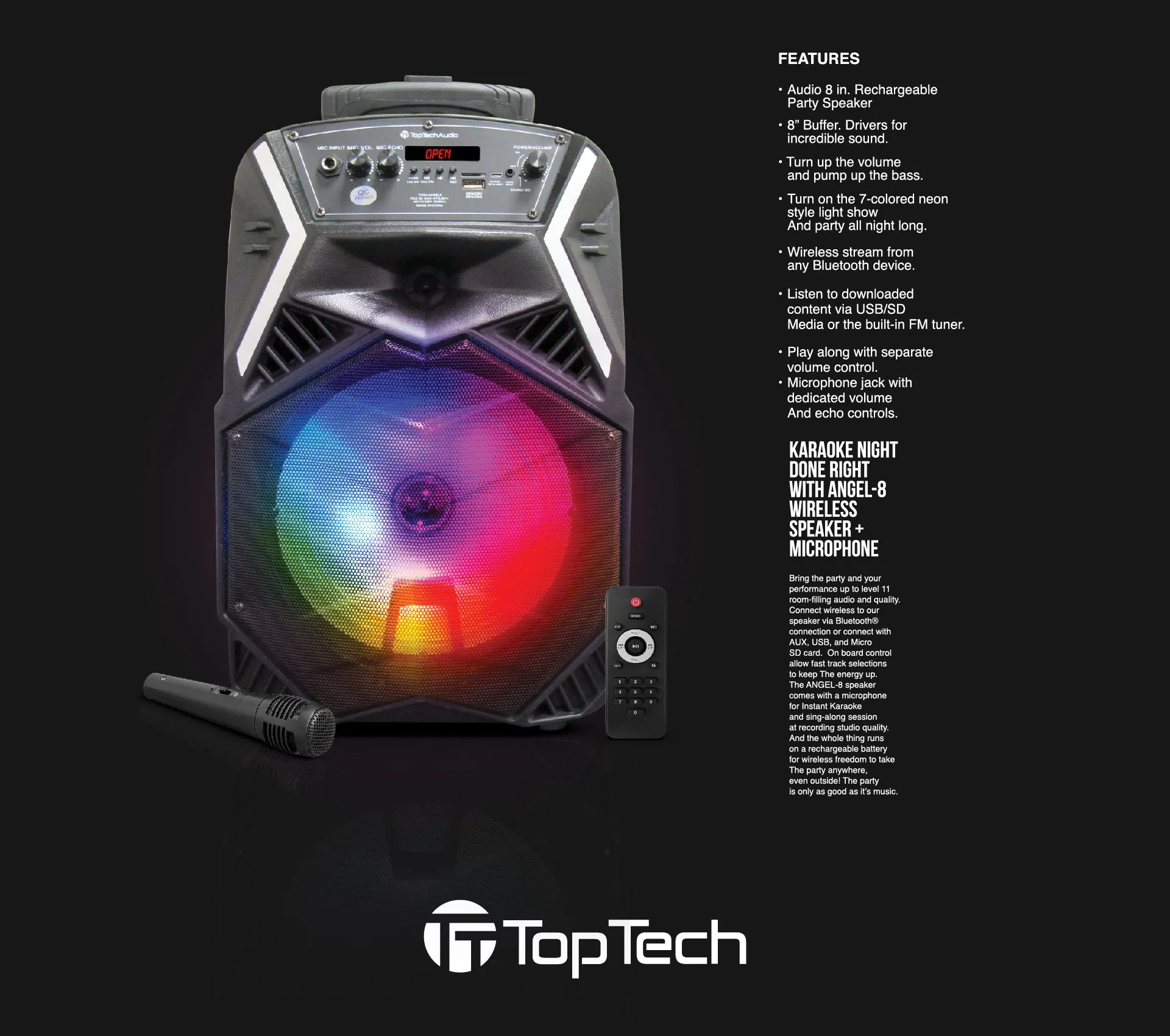 TOPTECH Angel-8 Bluetooth Portable Speaker with 3000W Power, LED Lights, Mic, and Wheels
