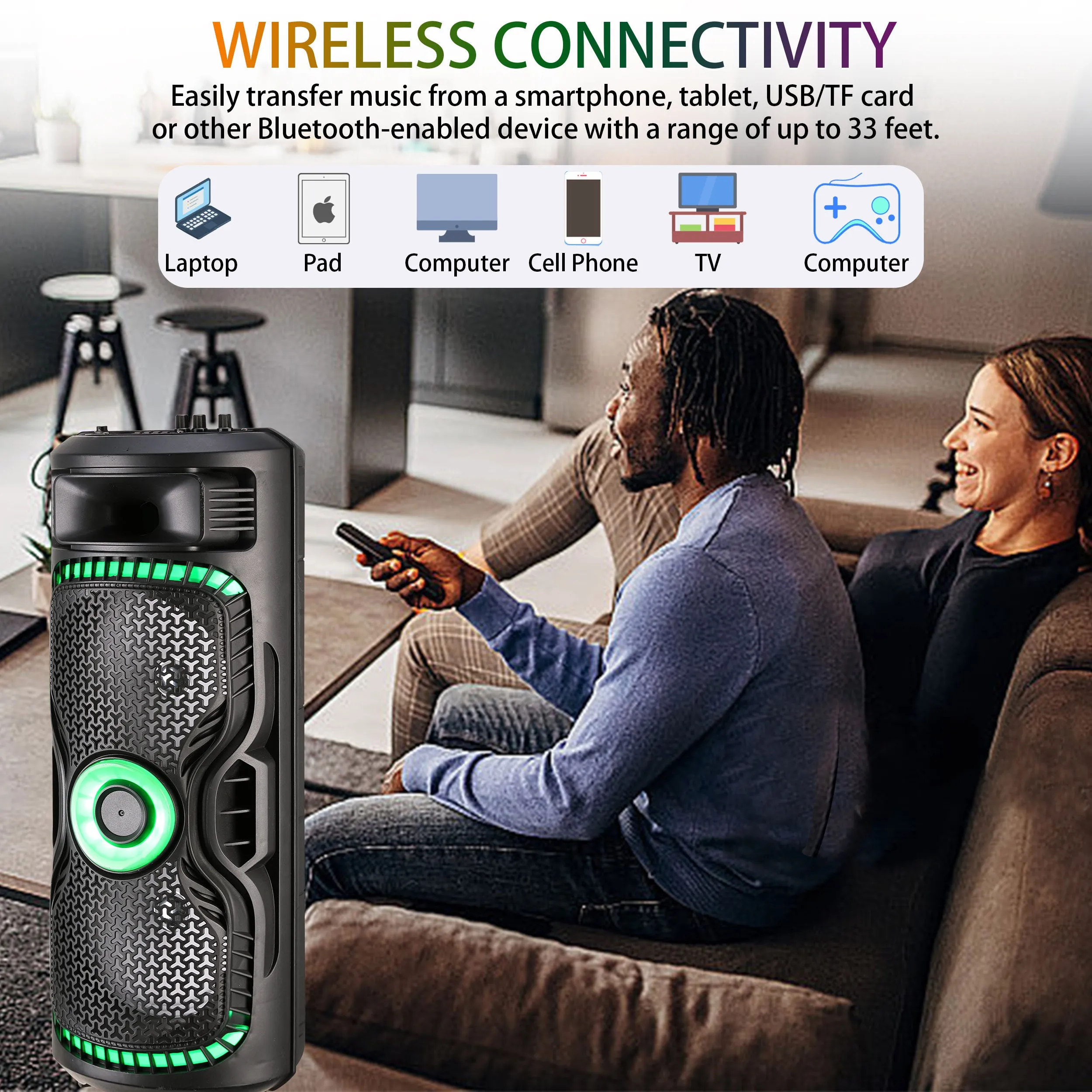 TOPTECH BRAZE-8 Dual 8" Bluetooth Party Speaker with Disco Lights & Rechargeable Battery