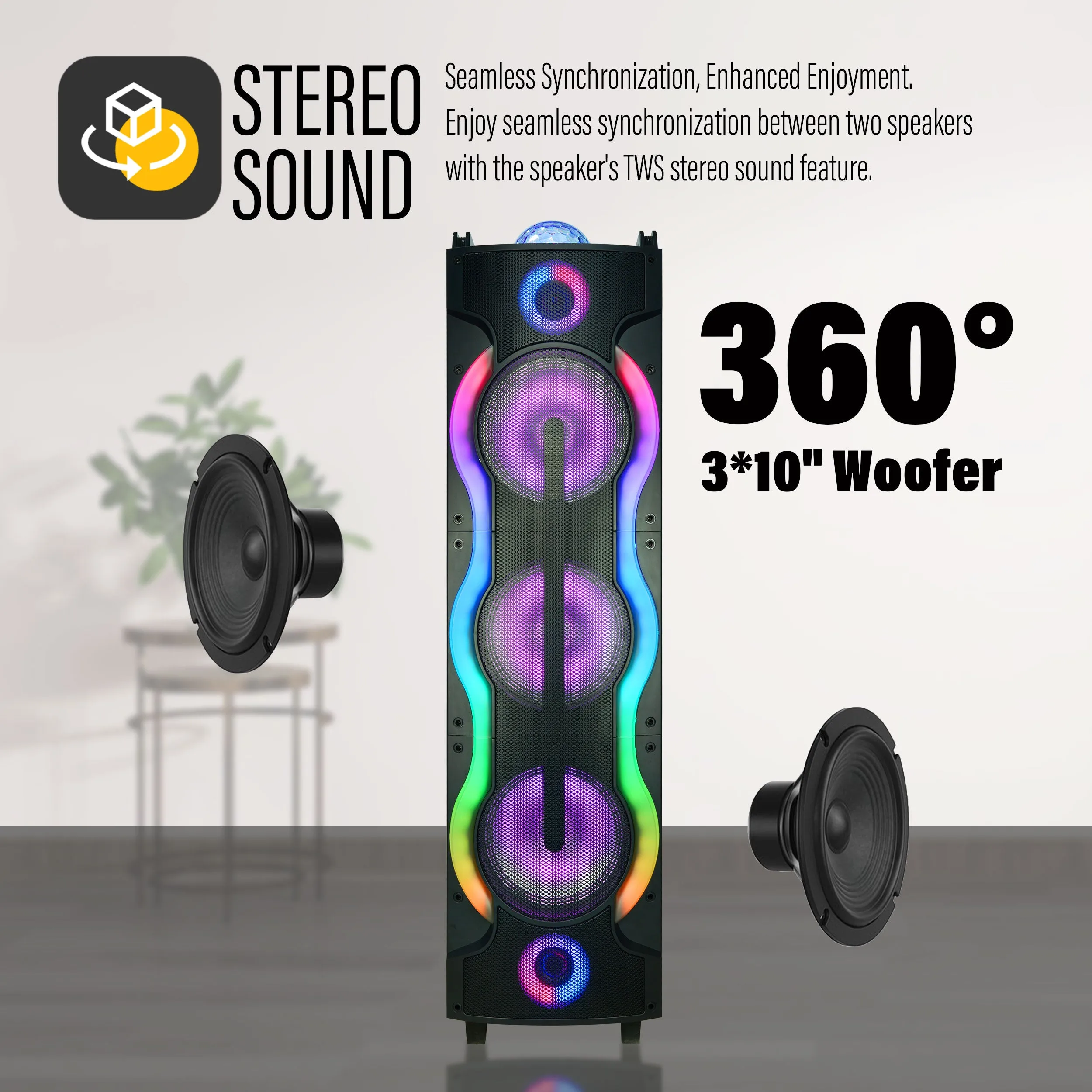 TOPTECH SKY-30, 3x10" Bluetooth Speaker with Disco Lights, DJ Bulb & Wireless Connectivity