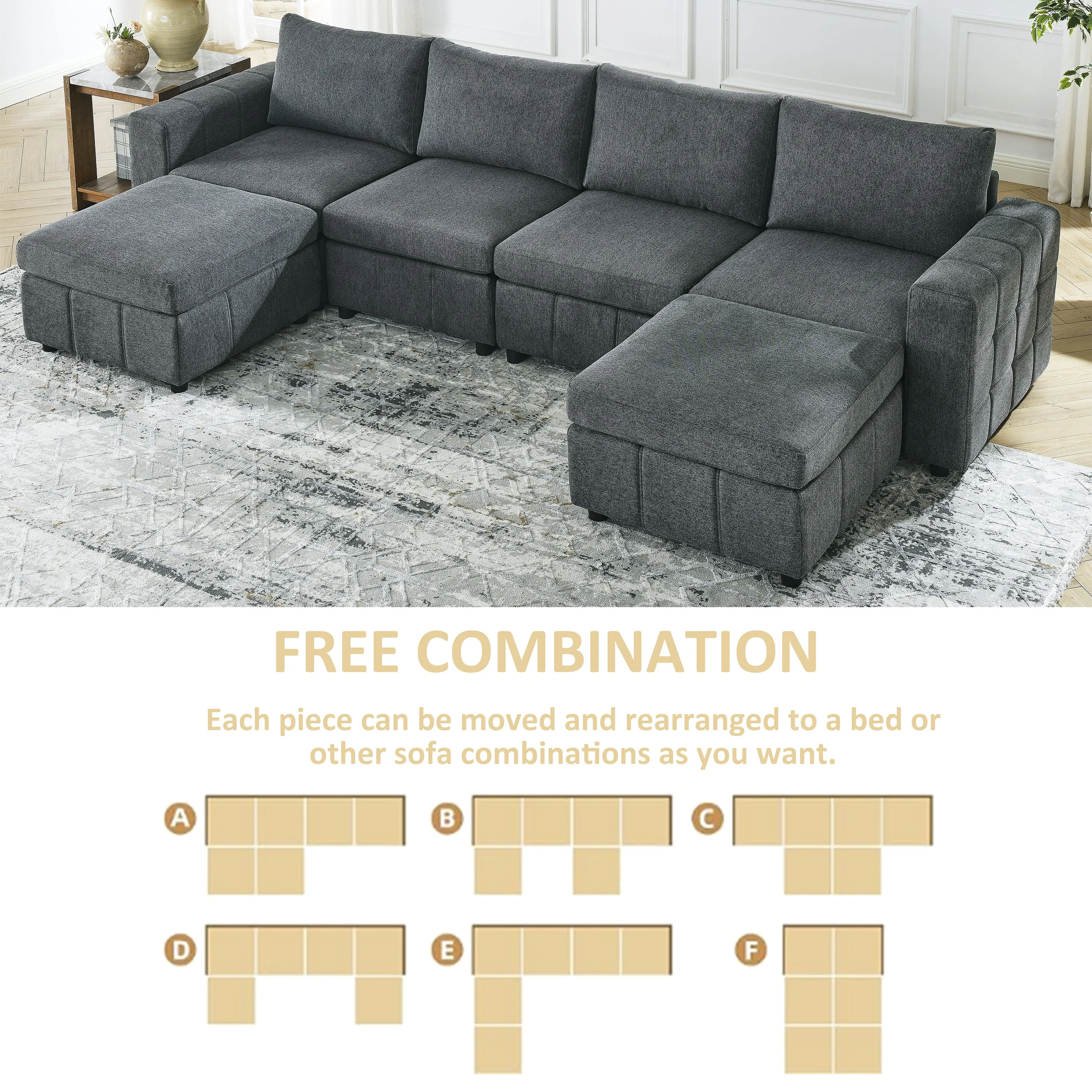 Varga Modular Sectional Sofa Sets (4-Seater with Ottoman) - Gray