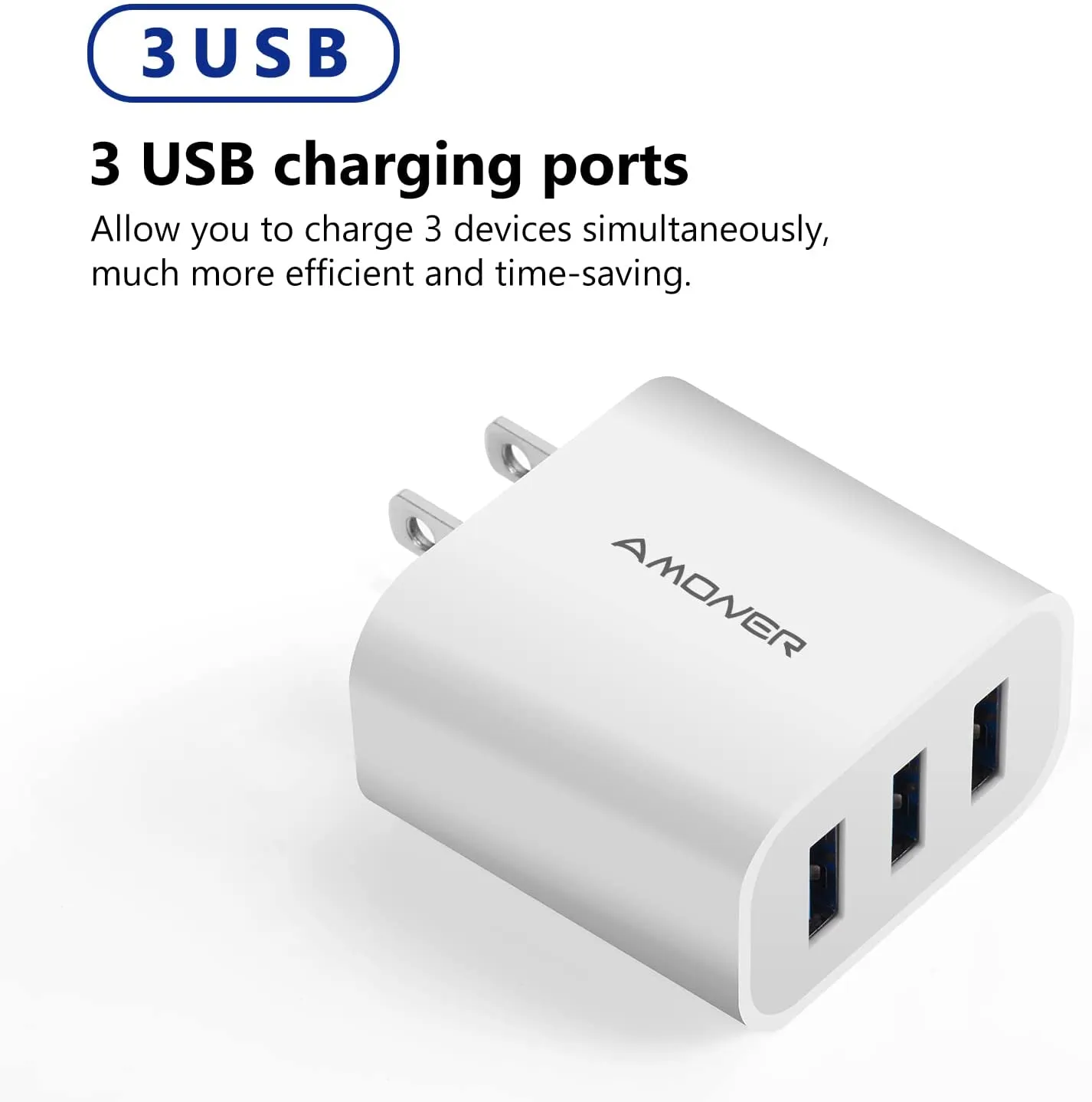 Wall Charger, Amoner Upgraded 2Pack 15W 3-Port USB Plug Cube Portable