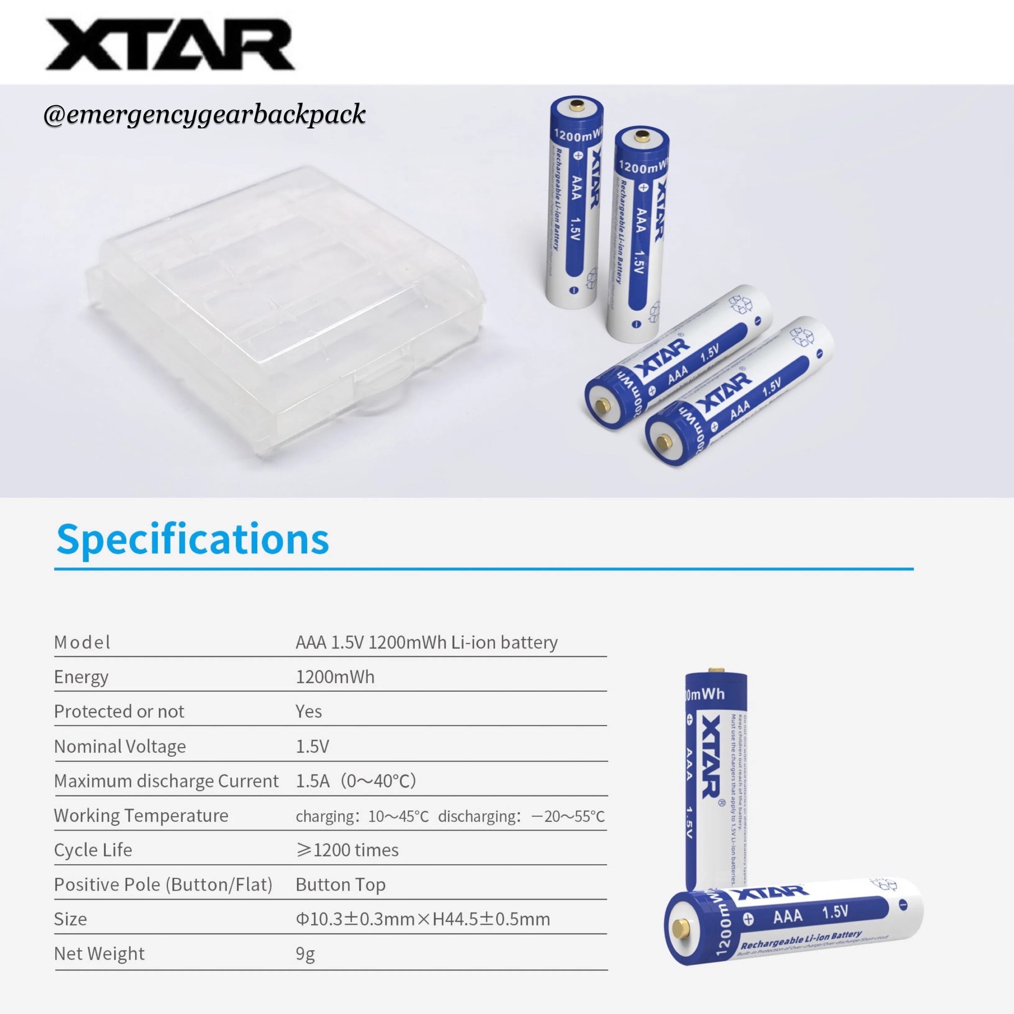 XTAR 1.5V Li-ion Battery AAA 1200mWh/750mAh (Pack 4)