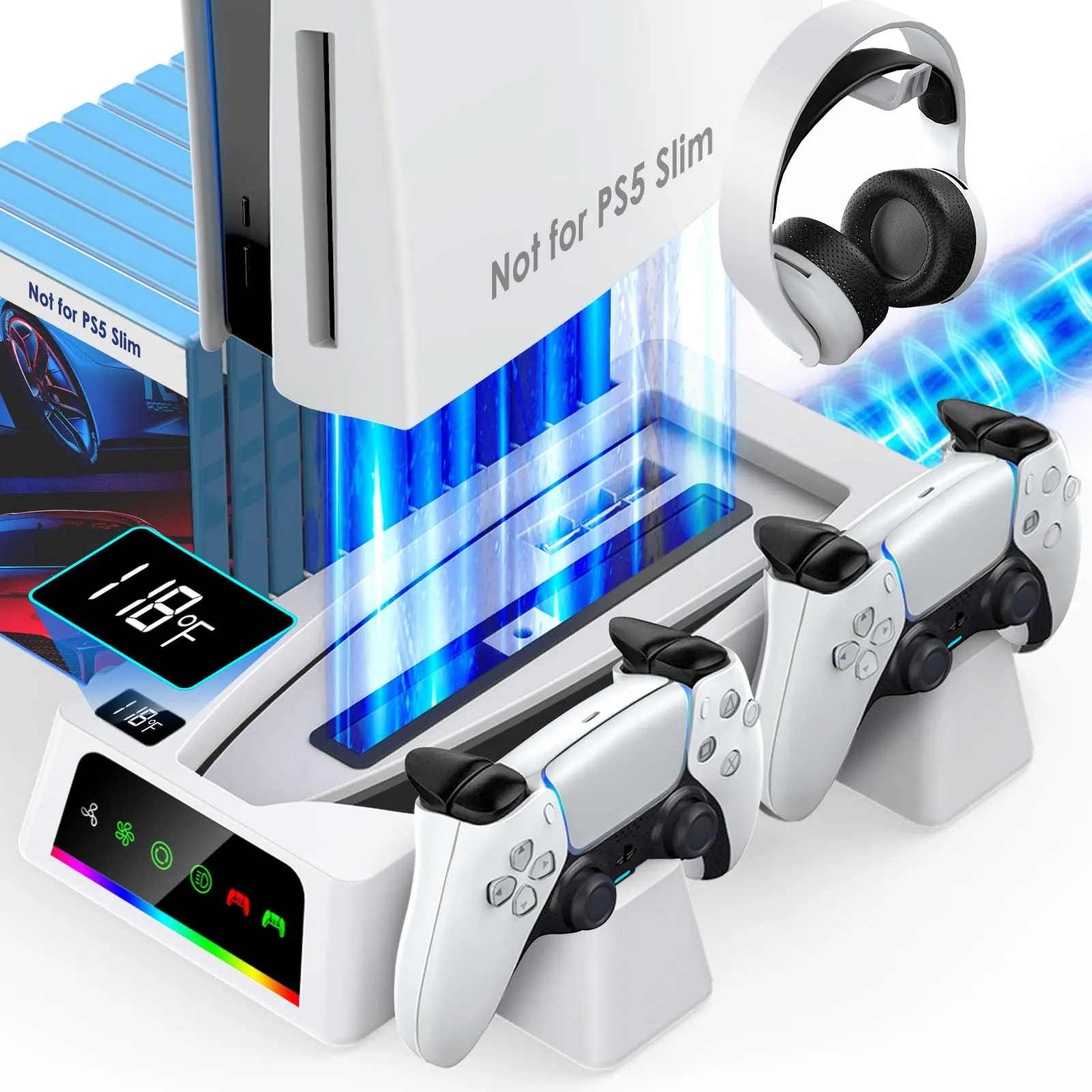 YOGES PS5 &  PS5 Slim Stand and Cooling Station with Temperature Sensor, 2H Fast PS5 Controller Charger